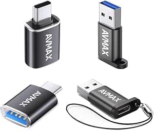 AVMAX USB C to USB Adapter 4 Pack,High-Speed Data Transfer,USB C Male to USB Female 3.0 OTG Adapter for iMac,MacBook Pro Air, iPhone 16 15,iPad,Microsoft Surface,Samsung Galaxy S24/S23/S22 (Black1)