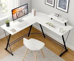 White Mulberry L-Shape Corner Desk |DIY Assembly| Monitor Raising Shelf | Engineered Wood & Sturdy Steel Leg|Perfect for Office Home Gaming Study Desk Computer Table|L(130+130)*45 * 77cm|White