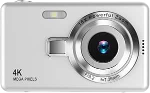 4K HD 1080P Autofocus Vlogging Camera with 16X Zoom, 2.4 Inch IPS Screen, Digital Camera, Camcorder, Compact Camera for Adults and Children (Silver)