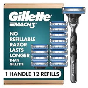 Gillette Mach3 Shaving Razor for Men, Razor Handle, 12 Blade Refills