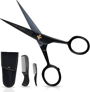 Ontaki Mustache Scissors - 5-Inch, Black - Bevel-Edge Precision & Beard Trimming Scissors - Complete Kit with Mustache Comb & Beard Comb