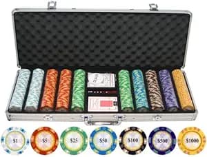 Poker Chip Set - Casino Grade 13.5g Poker Chips, 7 Color Chip Denomination - 2 Decks of Cards, Dice, Dealer Button 13.5g Clay Monte Carlo Poker Chips Set