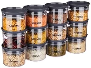 Amazon Solimo Plastic Storage Jar and Container Set I Air Tight & BPA Free Containers for Kitchen Storage Set I Grocery Kitchen Container Set I Multipurpose Jar, 500 Ml Each, Set 12, Grey
