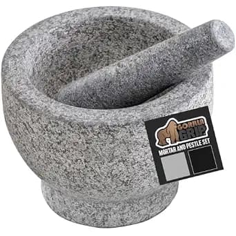 GORILLA GRIP Heavy Duty Mortar and Pestle Set with Slip Resistant Base, 2 Cup, 100% Granite Stone Molcajete Guacamole Bowl, Grind Seeds, Spices, Crush Garlic, Kitchen Muddler for Fresh Herbs, Gray