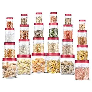 MILTON Vitro PET Canister Set of 24 (6x300ml,6x700ml,6x1400ml,6x2000ml) Airtight, Food Grade, Stackable, For Grains, Pulses, Spices, Cereals, Cookies, Dry Fruits, Fridge Storage Container, Red Wine