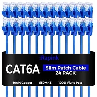 Rapink Patch Cables Cat6a 7ft (24 Pack) Slim, Cat6a Ethernet Patch Cable 10G Support, Snagless Cat 6 Patch Cable for Patch Panel to Switch, Flexiable Cat 6a Ethernet Cable with Gold Plated