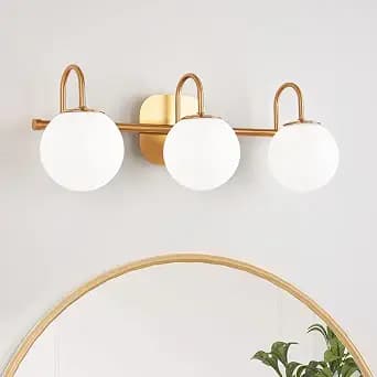 Modern Bathroom Vanity Light Fixtures 3 Lights Brushed Brass Frame and Milk White Glass Globe Shade Modern Wall Sconce Lighting Bath Vanity Lights Bar Over Mirror (Exclude G9 Bulb)