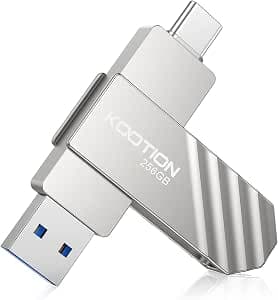 KOOTION 256 GB Dual USB C Flash Drive - Type C Memory Stick with Up to 450MB/s USB 3.2, Swivel Design, Keyring Hole, Waterproof Metal, Silver