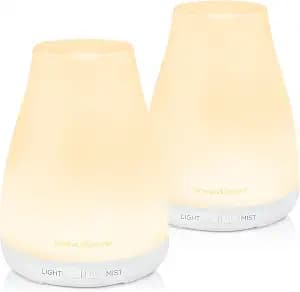 InnoGear Essential Oil Diffuser, 2 Pack Ultrasonic Diffusers for Home Aromatherapy Humidifier for Bedroom Room 7 Colors LED 2 Mist Mode Auto Off, Basic White