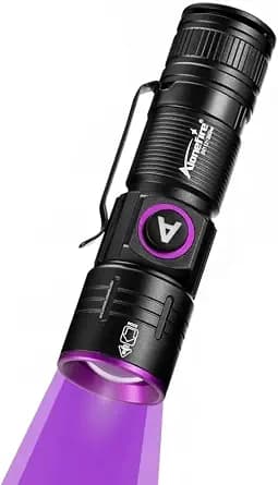 ALONEFIRE SV112 Mini 365nm UV Flashlight USB Rechargeable Zoom Woods Lamp Money Detector Black Light for Pet Urine Detection, Scorpion, Fishing, Minerals, Rocks with Built-in Battery