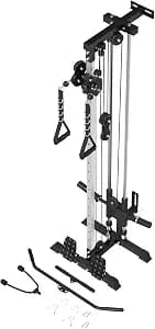 ER Kang Cable Station Wall Mount, 18in Pulley Tower, Dual Pulley System, High & Low Cable Machine, LAT Pull-Down & Row Tower with Flip-Up Footplate, Home Gym Cable Crossover, Black