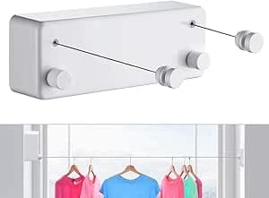 JOOM Retractable Clothes Line Indoor Outdoor Heavy Duty 2 x 4.2m Stainless Steel Clothes Line Wall Mounted (Drill) White T