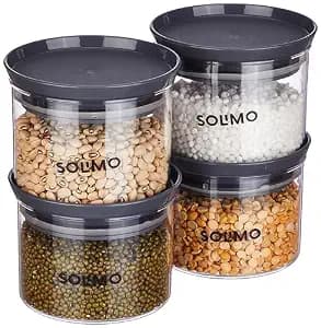 Amazon Brand - Solimo Plastic Storage Jar and Container Set I Air Tight & BPA Free Containers for Kitchen Storage Set I Grocery Kitchen Container Set I Multipurpose Jar, 500 Ml Each, Set 4, Grey
