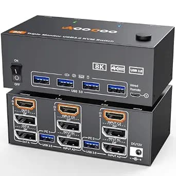 8K@60Hz HDMI2.1 Displayport KVM Switch 3 Monitors 2 Computers 4K@144Hz Triple Monitor KVM Switches with USB 3.0 Port,Wired Remote,Power Adapter and USB3.0 Cables(12cm 2 PC 3 Monitor 8K KVM)
