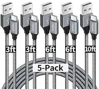 etguuds USB A to USB C Cable 5-Pack (3/3/6/6/10 ft), Fast Charging Type C Charger Cord for iPhone 17 16 15 Pro Max Plus Air, Samsung Galaxy S25 S24 S23 S22 S21 S20 A56 A17 A16, Pixel, Moto G, Gray