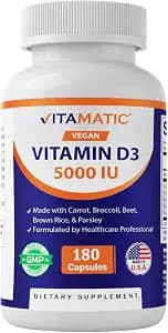 Vitamatic Vegan Vitamin D3 5000 IU | Plant Based Vitamin D from Lichen | Made with Carrot, Beet, Broccoli, Brown Rice & Parsley | 180 Capsules | Non-GMO, Gluten-Free | Made in USA