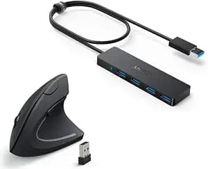 Anker 4-Port USB 3.0 Hub, Ultra-Slim Data USB Hub 2.4G Wireless Vertical Ergonomic Optical Mouse