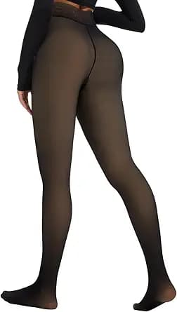 Spring Water Fleece Lined Tights Leggings Women, Black Tights Thermal Warm One Lined Design Sheer Skintone for Winter