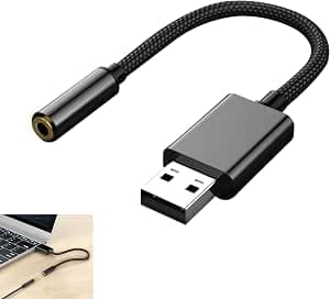 USB to 3.5mm Jack Audio Adapter, USB Headphone Converter, External Sound Card, Compatible with PS4, PS5, MacBook, Switch, PC, Plug & Play, 20cm Cable for Headphones and Microphone