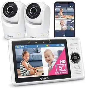 VTech 2-Cameras Smart WiFi Baby Monitor with 1080p FHD Camera and 5" HD IPS Screen, Free App with Motion Video, Sound/Motion Detection and Notifications, Split-Screen, Pan-Tilt-Zoom: VM901-2HD
