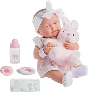 JC Toys La Newborn All-Vinyl-Anatomically Correct Real Girl 15" Doll in White Eyelet Dress with Fluffy Bunny and Accessories Designed by Berenguer
