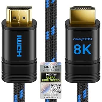 deleyCON 3.0 m 8K HDMI 2.1b Cable Short (48G, Ultra High Speed) Certified, 8K@60Hz 4K@144Hz 120Hz 2K@144Hz/165Hz eARC HDCP 2.3/2.2 - for DTS:X HDR Dolby Atmos TV PS5 Xbox Soundbar Monitor