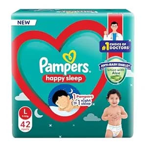 Pampers Happy Sleep Pant Style Baby Diapers, Large (L), 42 Count, 1 Pampers = 1 Night Sleep, with Anti Rash Shield, 9-14 Kg Diapers