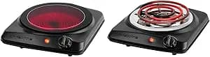 OVENTE Countertop Infrared Single Burner, 1000W Electric Hot Plate with 7” Ceramic Glass Cooktop & Electric Countertop Single Burner, 1000W Cooktop with 6" Stainless Steel Coil Hot Plate
