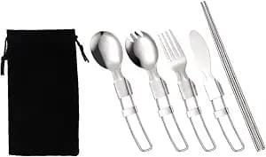 FUOYLOO Stainless Steel Flatware Set 5pcs Foldable Outdoor Cutlery with Detachable Fork Spoon Chopsticks and Salad Spoon, Portable Reusable Tableware for Camping Hiking Picnic with Black
