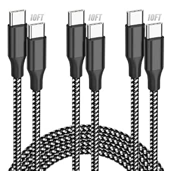USB C to USB C Cable, 3 Pack 10FT 60W Type C Nylon Braided Charger Cord Fast Charging for iPhone 17 16 15 Series iPad MacBook CarPlay and More (Black)