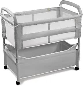 Arm’s Reach Clear-Vue Co-Sleeper Bedside Bassinet Featuring Clear Mesh Panels with Fold-Down Side, Large Attached Storage Basket, 4 Wheels, and Height-Adjustable Legs, Gray