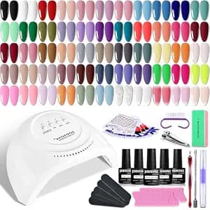 JODSONE Gel Nail Polish Kit 60 PCS with U V Light Soak off Base Top Coat 55 Shine Colors Gel Nail Kit Bright and Dark Brown Wine Red Series Manicure Set for Women and Girls