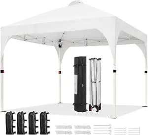 Yaheetech 10x10 Pop Up Canopy Tent with Vent, Easy Set Up Tent, Instant Sun Shelter Canopy with Wheeled Bag, 4 Sandbags, 12 Stakes & 4 Ropes, for Parties, Beach, Outdoor, Silver-Coated White