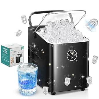 FOHERE Bullet Ice Cube Maker 14 kg 24 Hours, Ice Cubes in 5 Minutes, 2 Sizes, Self-Cleaning Ice Cube Maker with Handle, Ice Scoop and Basket, Ice Maker for Party, Office, RV (Deep Black)