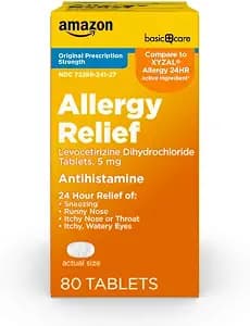 Amazon Basic Care 24 Hour Allergy Relief, Levocetirizine Dihydrochloride Tablets, 5 mg Antihistamine for Sneezing, Runny Nose, Itchy Nose or Throat and Itchy, Watery Eyes, 80 Count Pack