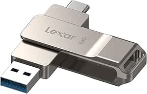 Lexar D40E 64GB Dual USB 3.2 Gen 1 Type-C Jump Drive, USB-C Flash Metal Housing Swivel Design Thumb Drive (Champagne Silver)