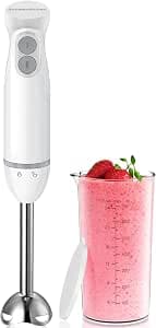 Bonsenkitchen 2 in 1 Immersion Blender, 1000W Stainless Steel Stick Blender 2 Speeds with 700ml Measuring Cup with Lid for Baby Food Soup Smoothies Purees