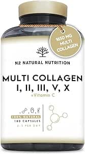 Multi Collagen 1650mg Type I, II, III, V, X. Bovine & Marine Collagen Peptides. 180 Capsules Enhanced with Vitamin C. High Strength Collagen for Joints, Hair and Skincare. N2 Natural Nutrition