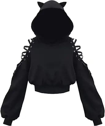 Womens Cat Ear Hoodie Sweatshirt Long Sleeve Sweater Off Shoulder Cat Cute Crop Top Hoodies Pullover