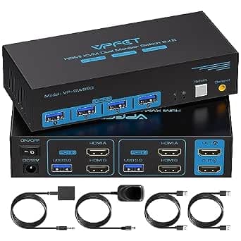 KVM Switch 2 Monitors 2 Computers HDMI 4K@60Hz USB 3.0 KVM Switches 2 port for 2 PC or Laptop share dual monitor and 1 set of keyboard mouse Printer and U Disk. Wired Controller and DC 12V Adapter