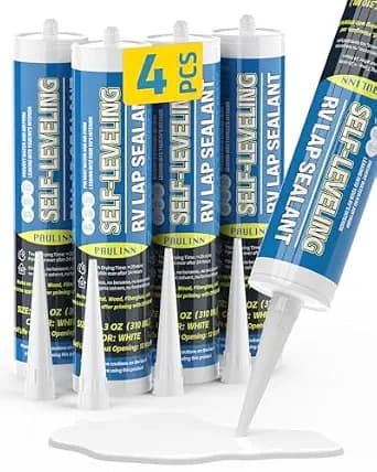 PAULINN Self Leveling Lap Sealant White, RV Roof Sealant for Camper Repair, RV Caulking, Rubber Roof EPDM, Flexible, UV & Waterproof, no Smell and Safe for RV Indoor use, 4 Packs