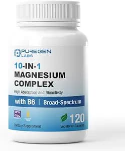 Puregen Labs 10 in 1 Magnesium Complex 500mg with B6-120 Veggie Capsules [High Absorption and Bioactivity] Non-GMO, NO Gluten and Dairy