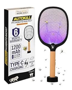 Weird Wolf 2 in 1 Rechargeable Mosquito Killer Racket with UV Light & Base Stand | Electric Fly Swatter with Auto & Manual Mode | Type-C USB Charging | 1200 mAh Lithium Battery | 6 Month Warranty