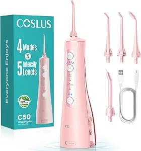 COSLUS C50 Portable Water Flosser for Teeth: 4 Modes & 5 Intensity Levels Professional Electric Dental Pick for Sensitive Gums, Braces & Orthodontic - Cordless for Travel Use, BPA-Free
