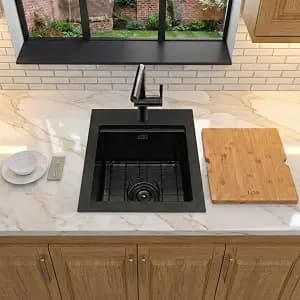 LQS Matte Black Stainless Steel Sink Drop In, 16” x 18” Black Small Laundry Sink, Prep Sink with Cutting Board Drop In, Black Kitchen Sinks with Workstation Ledge For RV, Outdoor and Prep Use