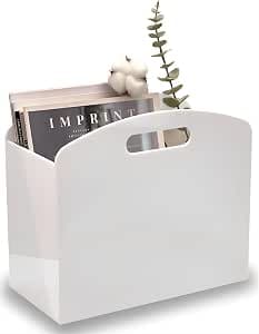 White Magazine Holder - Acrylic Magazine Rack Floor, Newspaper Stand with Handles, Modern Lucite Magazine and Book Basket Box for Bathroom, Bedroom, Living Room