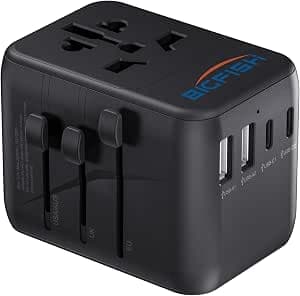 Bigfish Universal Travel Adapter, Worldwide Travel Plug Adapter with 2 USB A and 2 USB C, Dual 10A Fuses All In One International Travel Adapter - EU UK US AUS Plugs