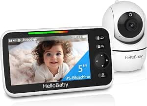 HelloBaby Baby Monitor with Camera, 30 Hours Battery with 5 Inch Screen, 355° Pan, 120° Tilt Zooming, Baby Monitor without WiFi, 2-Way Audio, Temperature, 8 Lullabies, Night Vision and 305 m Range