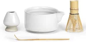 Matcha Set, Matcha Bowl with Spout, Matcha Broom Holder & Spoon, Matcha Tea Set for Matcha Ceremony & Matcha Lovers, 4-Piece Matcha Whisk Set, Matte White