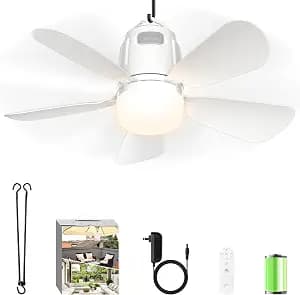 Canopy Fan 20'', 20000mAh Portable Outdoor Ceiling Fan with Light with Remote Control and Extension Hook, Easy Operation Battery Powered Fan Light for Gazebo, Tent, Patio, Camping